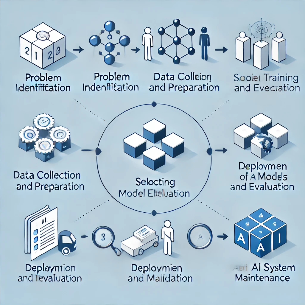 Diagram showcasing the steps involved in building AI-powered solutions from data preparation to deployment.