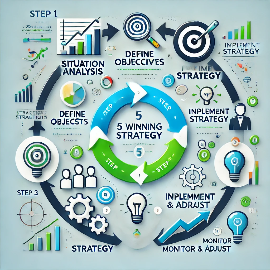 A visual representation of a 5-step framework for creating a winning business strategy, emphasizing growth and competitive advantage.