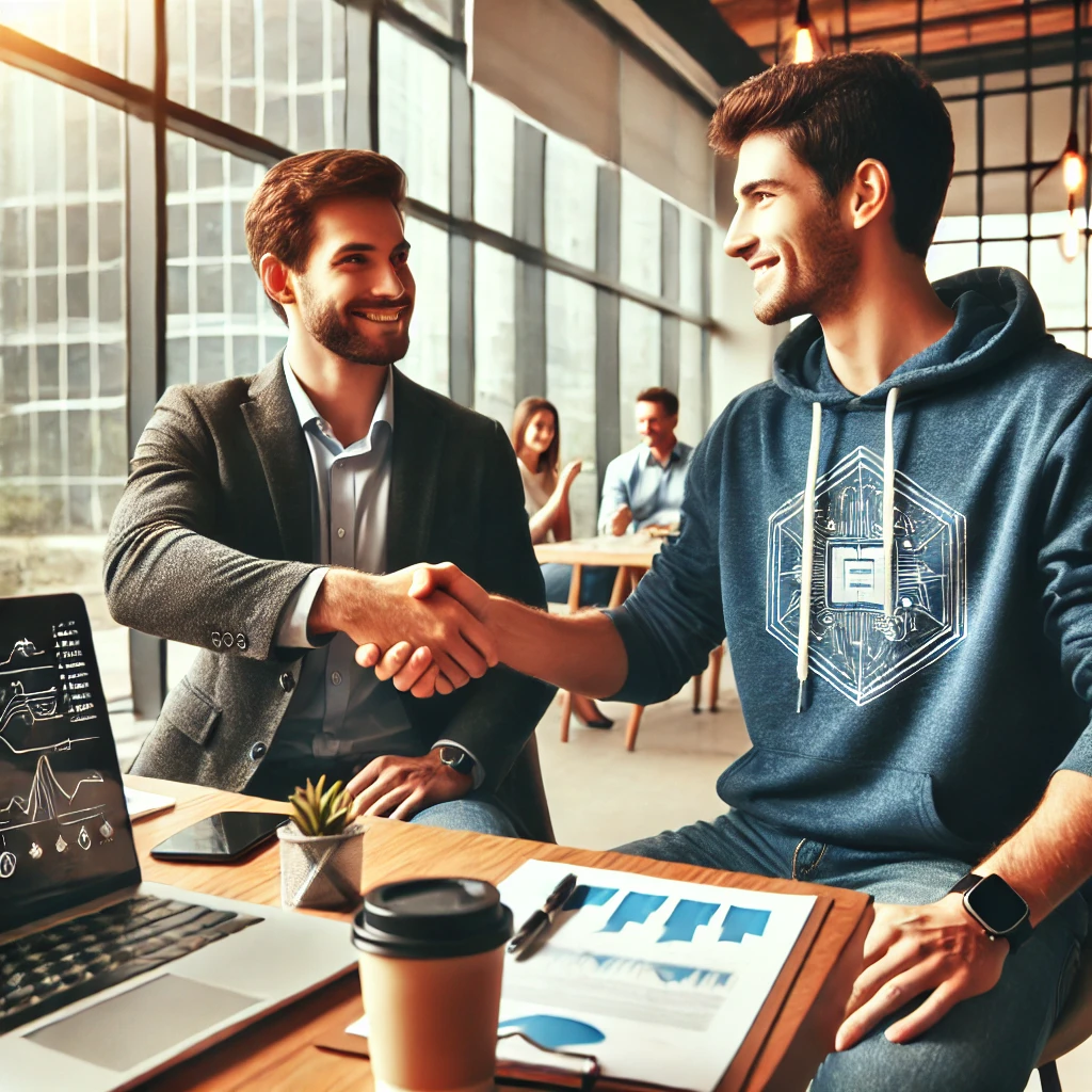 Two startup co-founders shaking hands, symbolizing a successful partnership.