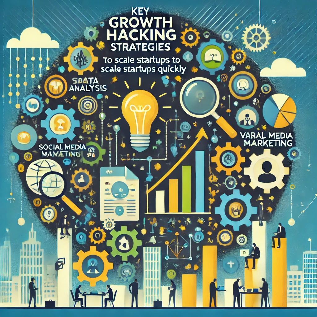 An infographic depicting key growth hacking strategies to scale startups quickly.