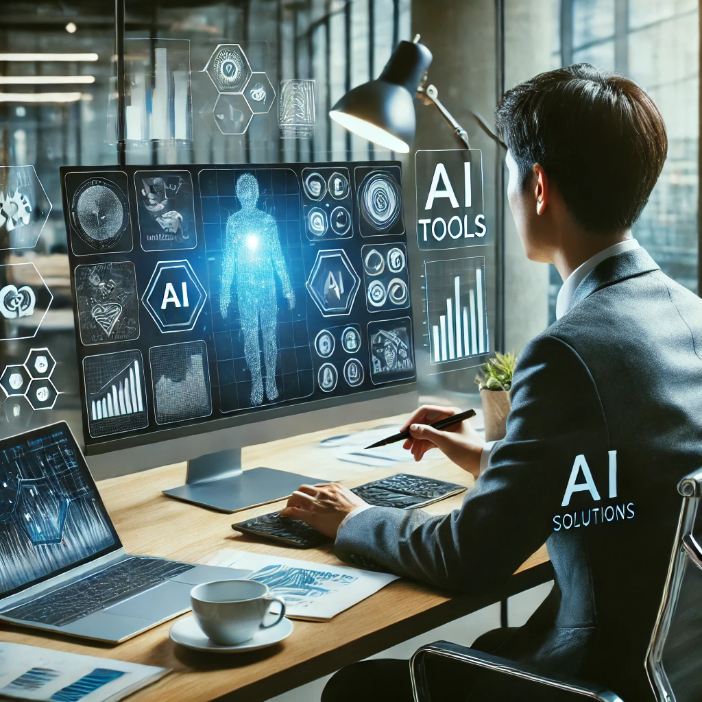 A business professional analyzing AI tools for optimized business solutions