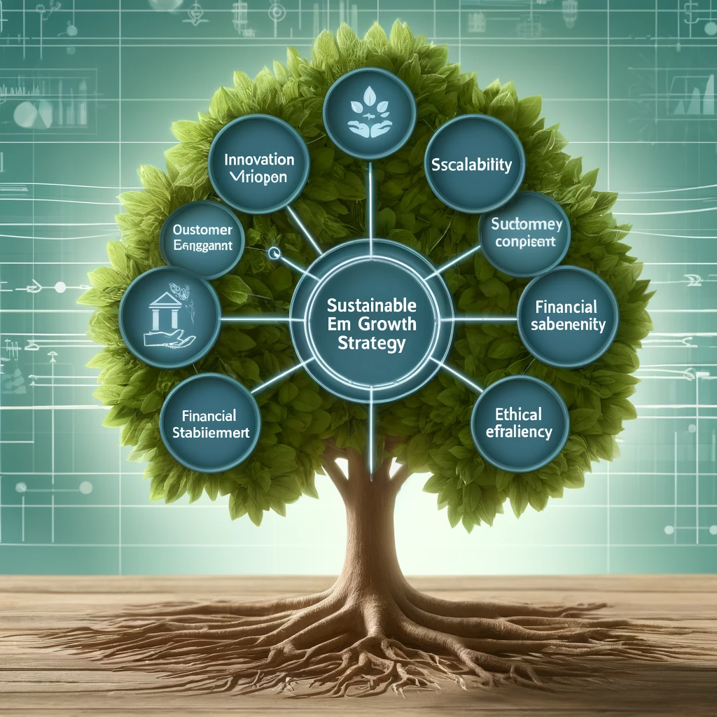 A visual representation of a sustainable business growth strategy with key components like innovation, scalability, and ethical practices