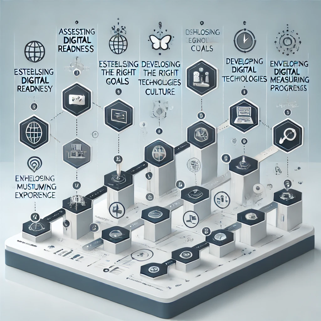 A roadmap showing steps to develop a digital transformation strategy for a business