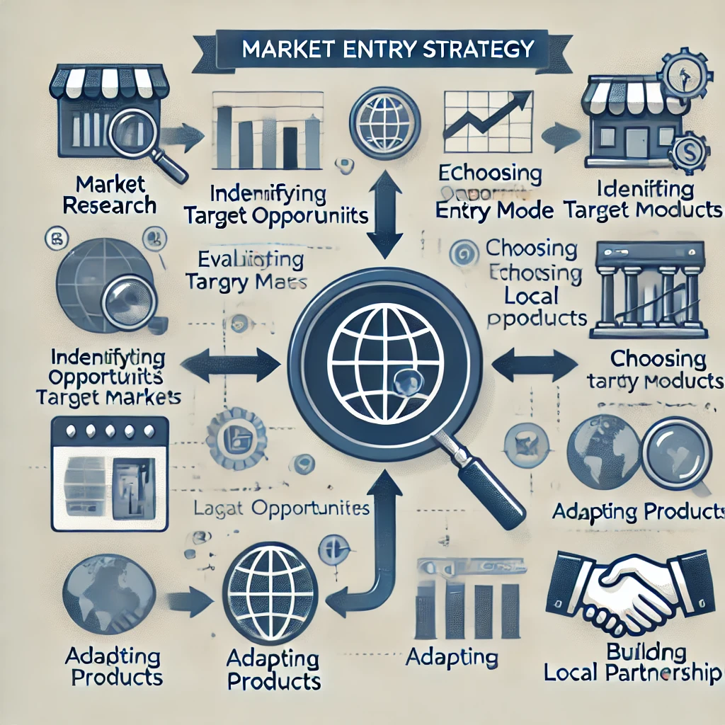 An illustrated guide showcasing the steps to execute a successful market entry strategy.