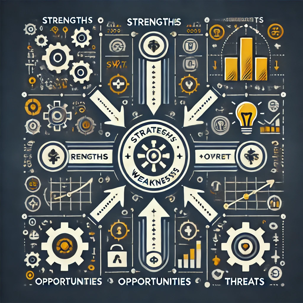 A strategic SWOT analysis diagram illustrating how to improve business performance.