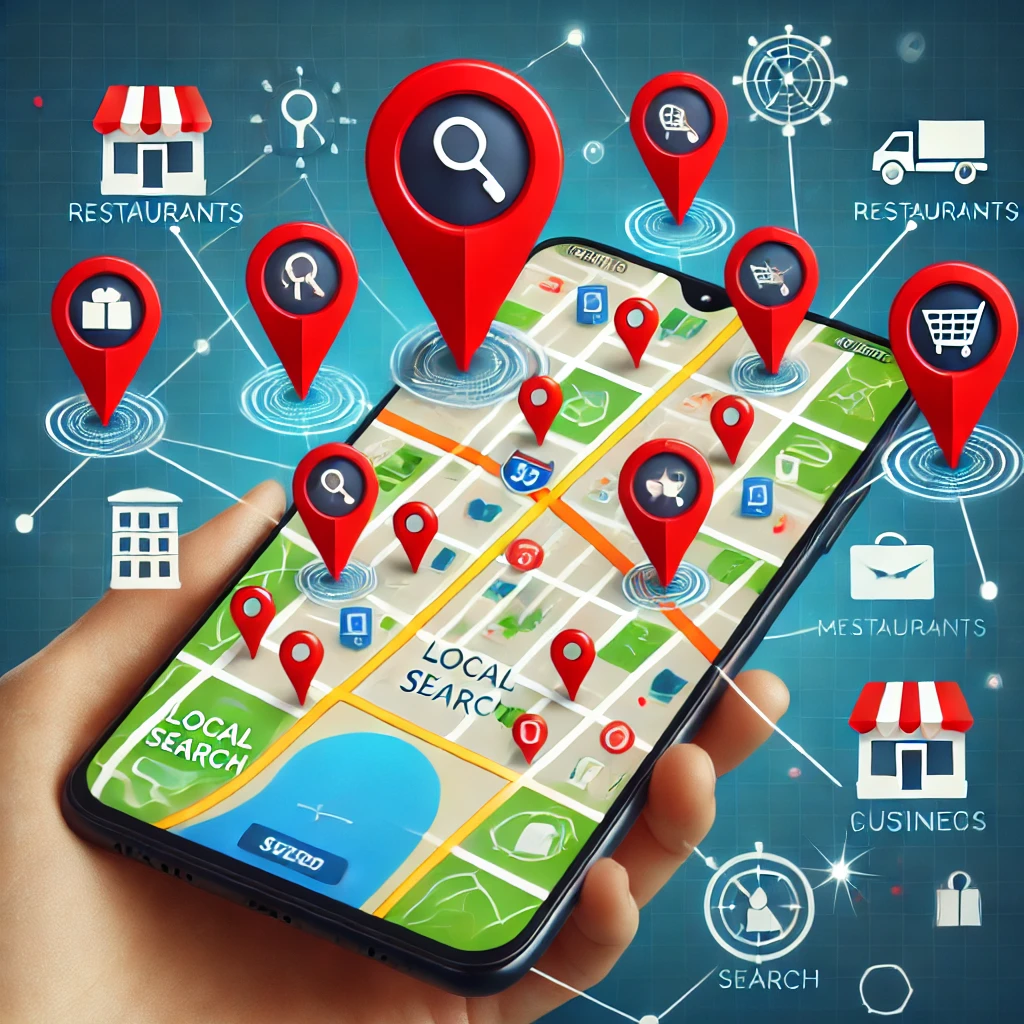 A digital map with pins highlighting local businesses, showing how Local SEO attracts more customers