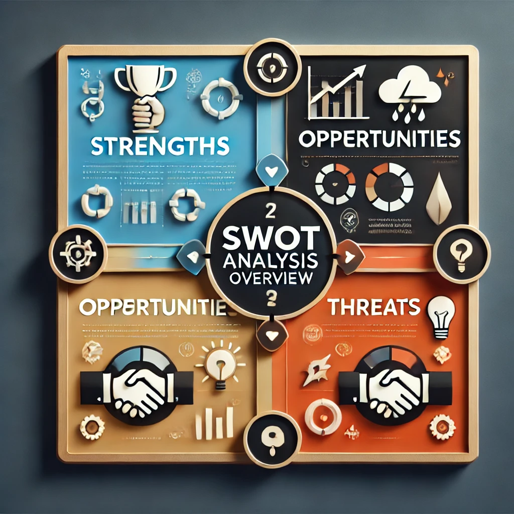 SWOT analysis overview for business strategy with strengths, weaknesses, opportunities, and threats quadrant