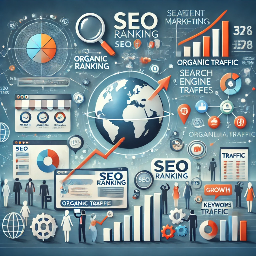 Illustration of content marketing strategies enhancing SEO performance and online visibility.