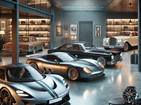 A luxury car collection in a private garage representing wealth management strategies.