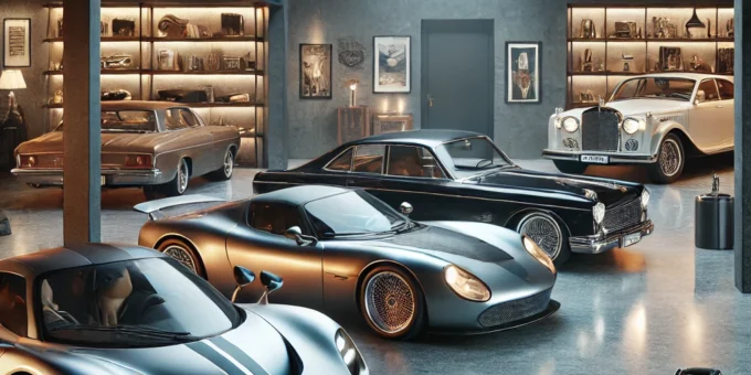 A luxury car collection in a private garage representing wealth management strategies.